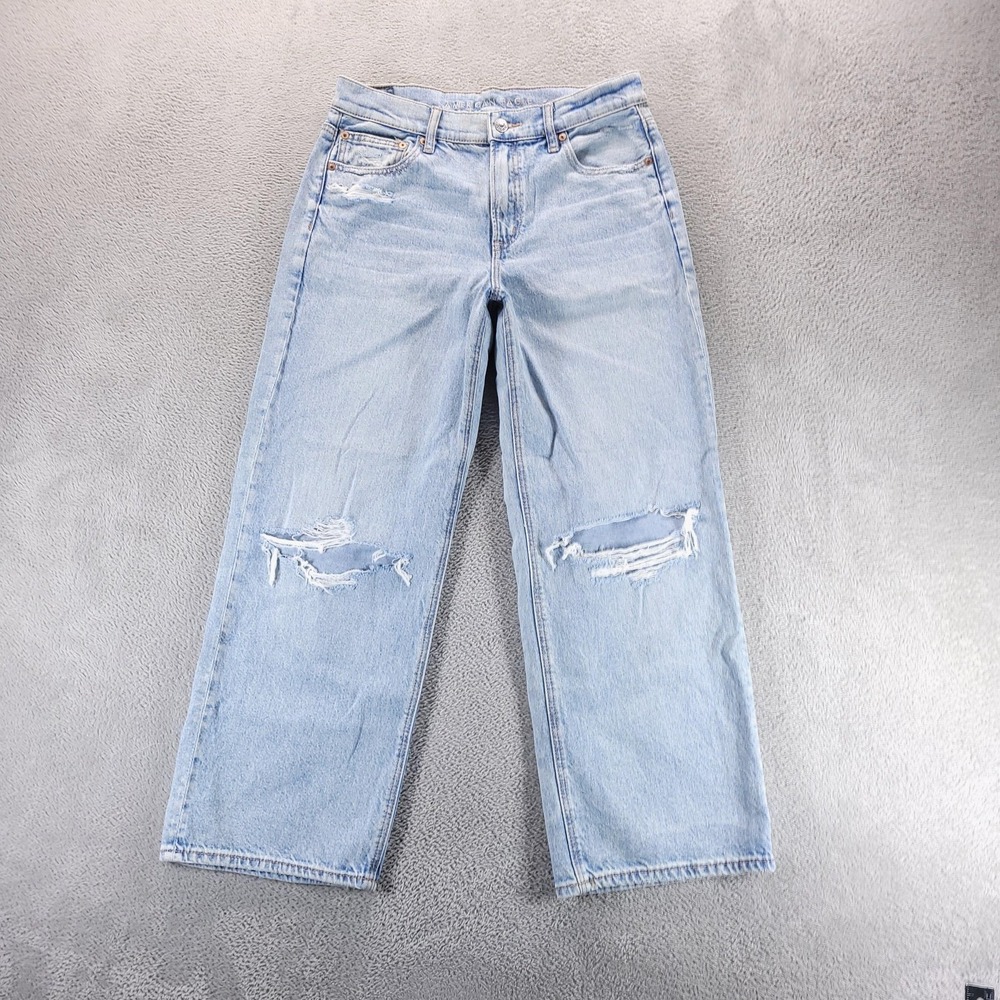 American Eagle Jeans Womens 8 Short Blue Stovepipe High Rise Distressed Denim
